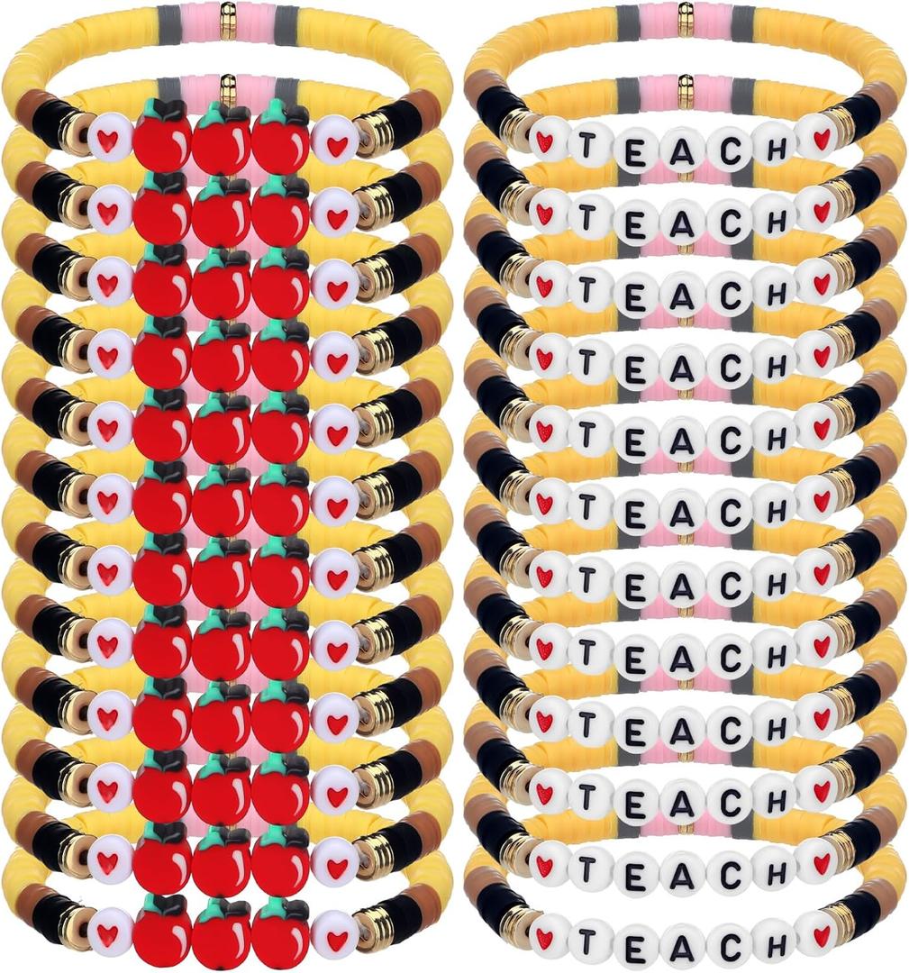 Tondiamo 24 Pack Teacher Bracelet Teacher Appreciation Gift Polymer Clay Apple Beaded Bracelets Pencil Stackable Bracelets Graduation Cute Charm Jewelry Gift(Elegant Colors)
