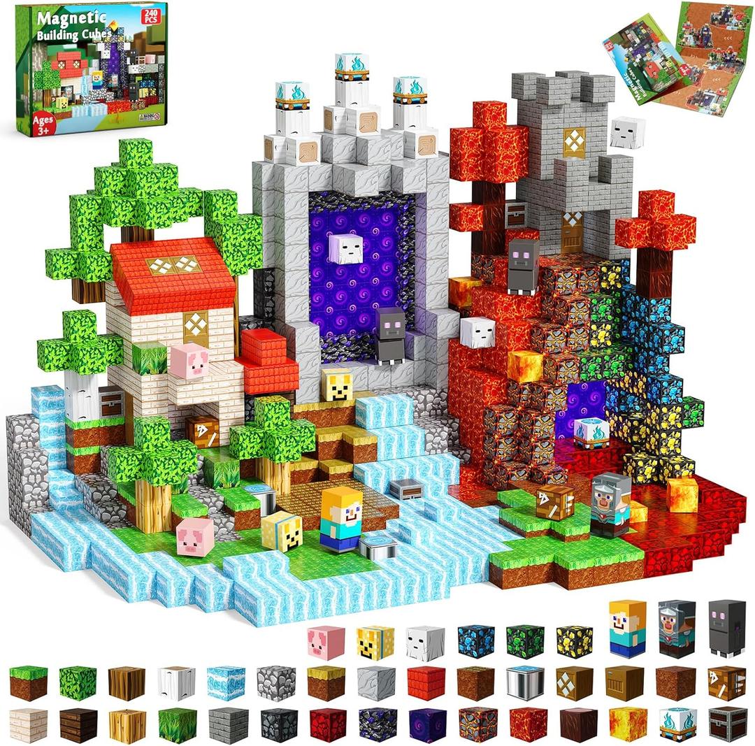 240 PCS Magnetic Blocks - Magnetic Building Block, Stacking Magnet Building Cubes for Kids, Magnetic Construction Toy for Boy Girl, STEM Montessori Sensory Toy Ages 3-12 Years Old Birthday Gift