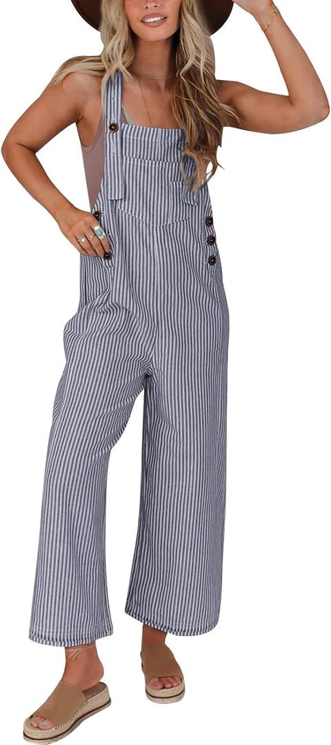 PRETTYGARDEN Overall Jumpsuit For Women 2025 Summer Casual Wide Leg Sleeveless Button Striped Jumpsuits Trendy Outfits (XX-Large)