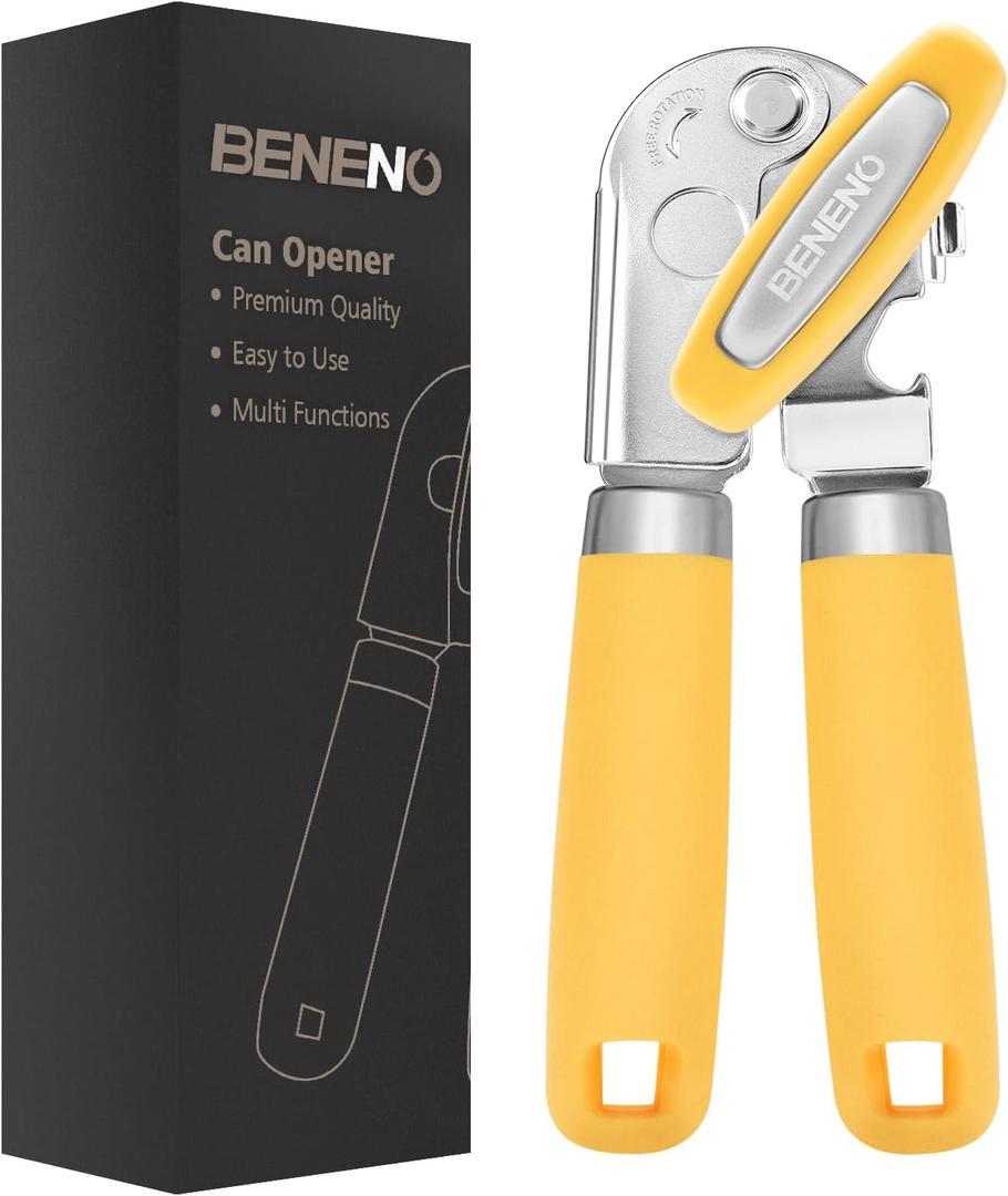 Beneno Heavy Duty Hand Can Opener Manual with Magnet, Durable Sharp Carbon Steel Blade Smooth Cutting, Big Effort-Saving Knob, Soft Grip Handle, Multifunctional Kitchen Tool with Bottle Opener, Yellow