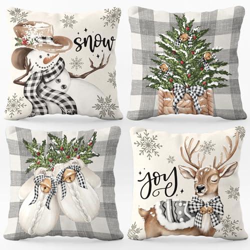 BoopZilla Set of 4 Christmas Pillow Covers 16x16 Inches, Winter Holiday Decorative Throw Pillow Covers, Cute Snowman-Reindeer-Mittens-Eucalyptus Design, Cozy Christmas Decor for Sofa Couch