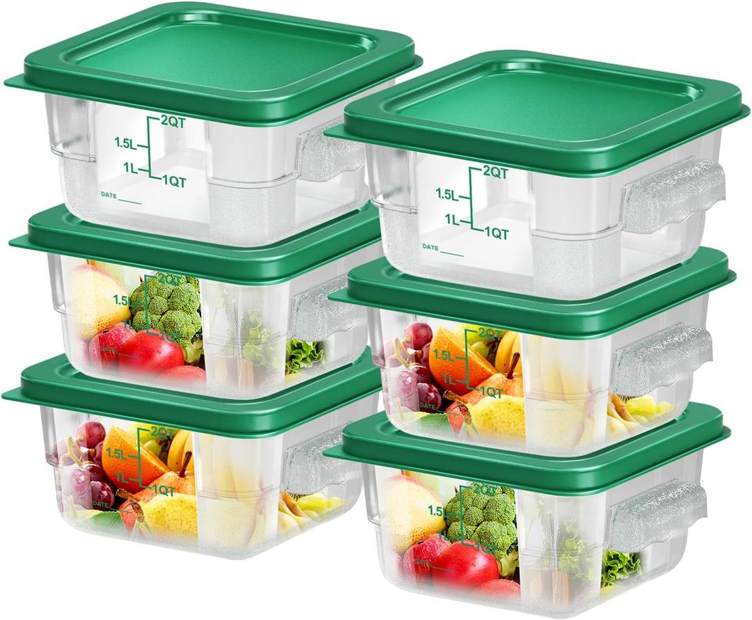 6 pcs 2qt Food Storage Containers with Lid, Square Clear Commercial Storage Containers with Handle and Scale for Food Storage in Home Kitchen & Dining (Green)