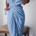 Women Elegant Satin Button Down Short Sleeve Maxi Shirt Dress with Belt (Blue, M)