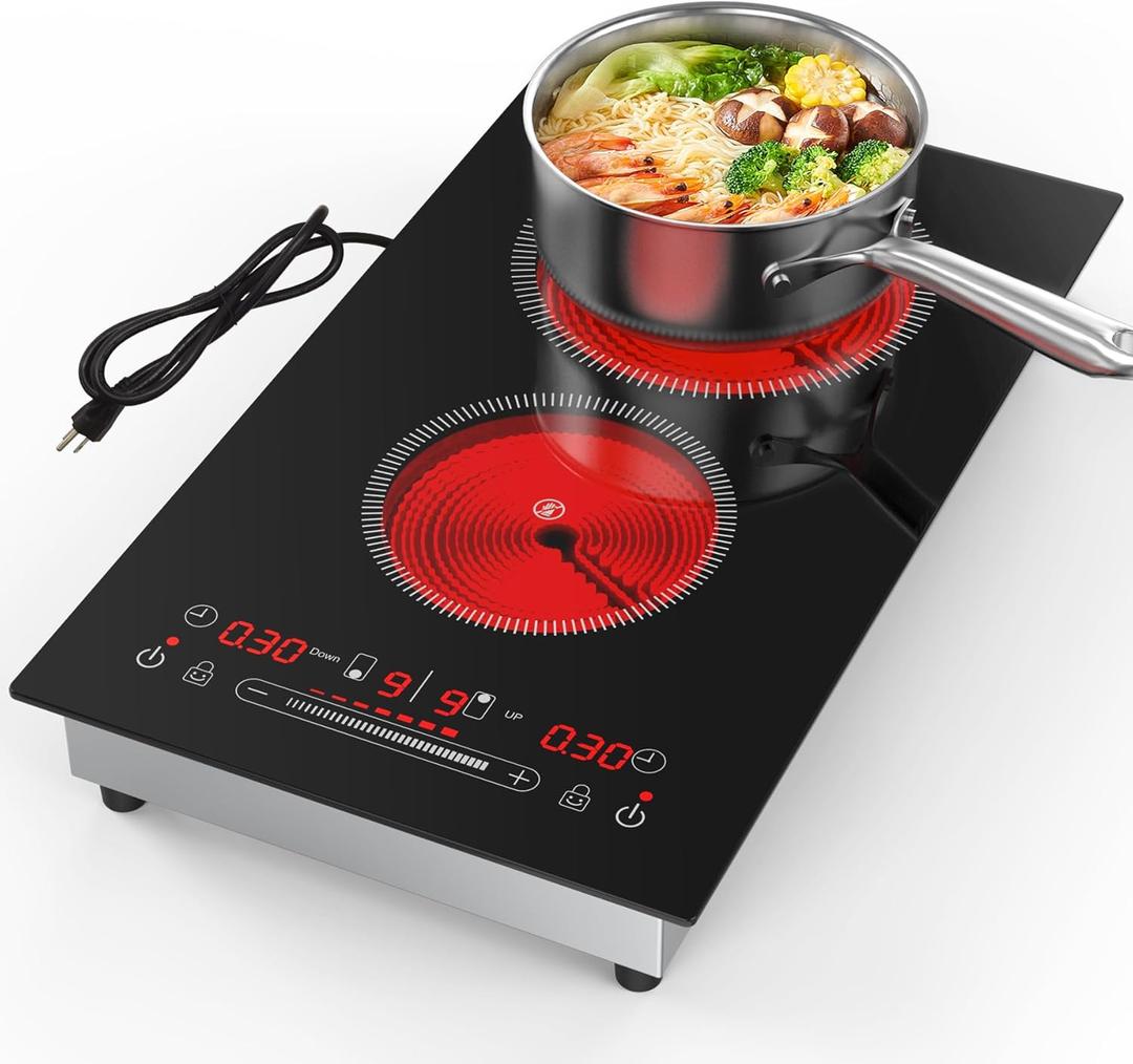 Electric Cooktop 110V,2400W 2 Burner Electric Cooktop,Countertop and Built-in Stove top with11 Power Levels,Child Safety Lock, Timer, LED touch control,Overheat Protection