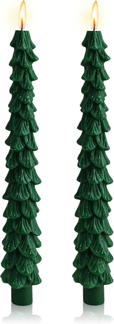 2 Pack Christmas Tree Taper Candles, 10 Inch Evergreen Unscented Decorative Candles for Xmas Table Centerpiece, Mantel, Holiday Festival Party Decorations