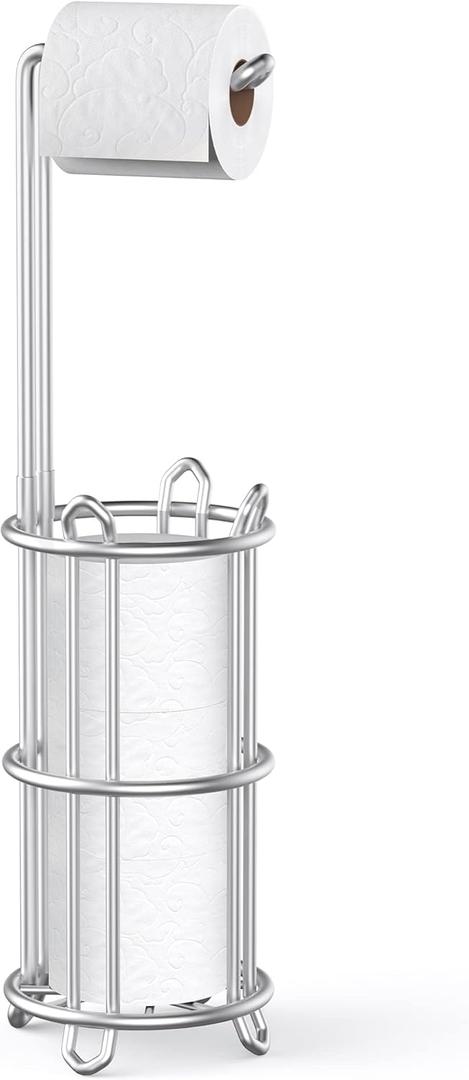 Meangood Toilet Paper Holder Stand and Tissue Paper Roll Dispenser for 4 Mega Rolls, Bathroom Free Standing Tissue Roll Storage Holder Rack, Metal Wire Silver