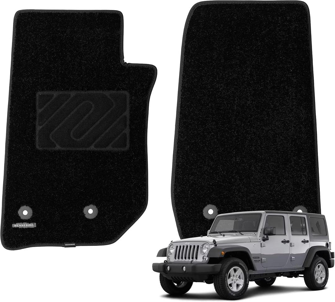 WENNEBIRD Front Carpet Floor Mats for Jeep Wrangler 2014-2018, 2Pc | JK, Not for JL, 0.6-Inch Ultra-Thick Plush Carpet, Noise-Reducing Comfort, Waterproof TPE Layer, Anti-Slip Backing
