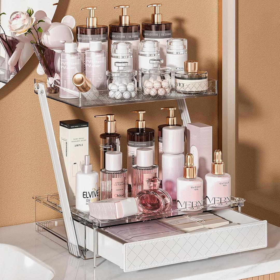 Z-Shaped Bathroom Countertop Organizer  2-Tier Vanity Organizer with Sliding Tray & Drawer for Skincare, Makeup & Perfume  Acrylic Storage for Dresser, Office or Desk (Transparent)