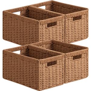 UBBCARE 4 Pack Wicker Basket, 13.4L×8.3H×7.1W inch Woven Paper Rope Storage Baskets for shelves, Foldable Rectangular Storage Baskets with Handle, Storage Basket for Organizing, Caramel