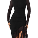 Women's Sexy Ruched Bodycon Midi Dresses Elegant Mesh Long Sleeve Ruffle Hem Cocktail Party Dress L Black