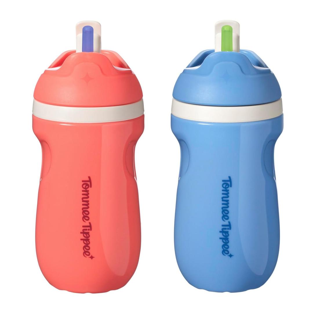 Tommee Tippee Insulated Sporty Spill-Proof 9oz Straw Training Sippy Cups for Toddlers 1-3, Sporty Carry Handle, Bite Resistant Spout, Flip Lid Keeps Straw Clean, BPA Free, Blue and Red, Pack of 2