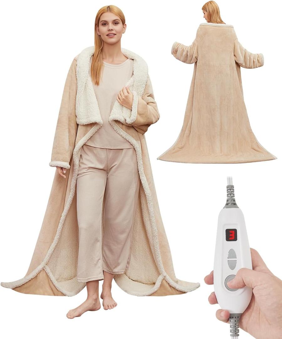 GarveeHome Wearable Heated Blanket with Foot Pocket,Electric Snuggle Blanket with Sleeves,6 Heating Levels & 2/4/8/10H Time Settings,Machine Washable,Gift for Family & Friends,50 * 70"+18", Khaki