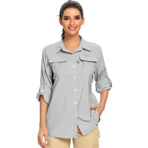 Women's UPF 50 Long Sleeve UV Sun Protection Safari Shirts Outdoor Quick Dry Fishing Hiking Travel Shirts (3X-Large, Grey)