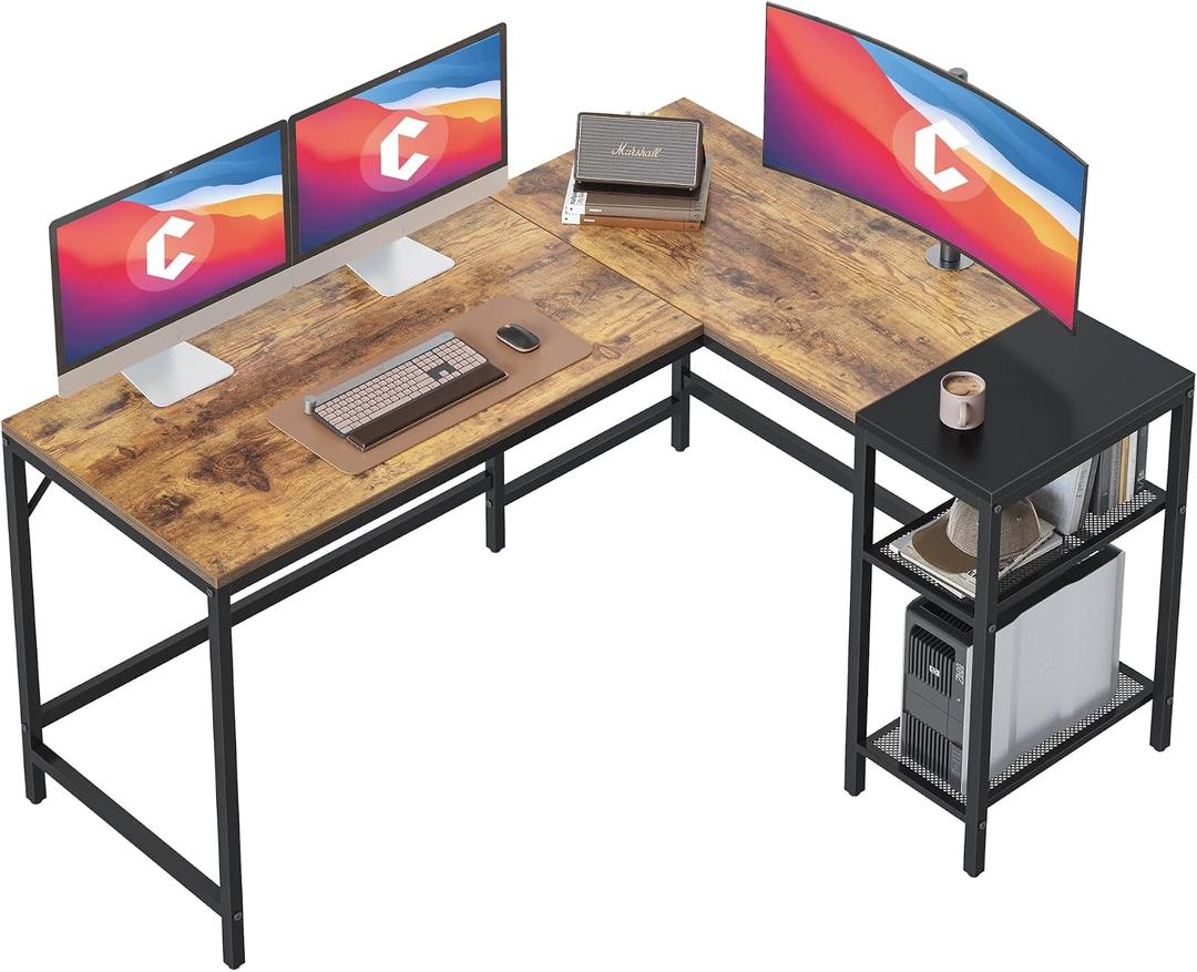 CubiCubi L Shaped Desk, 59.1 inch Computer Corner Desk with Grid Storage Shelves, Home Office Desk, Modern Simple Style PC Desk, Rustic Brown, 59.1" with Grid Bookshelf