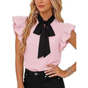SOFIA'S CHOICE Women Tie Neck Bow Blouse Ruffle Cap Sleeve Work Office Tops Casual Elegant Shirt Pink Small (Pink, S)