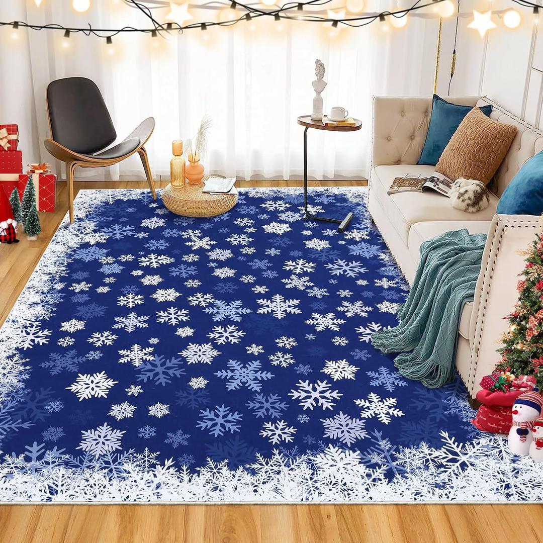 GarveeHome Christmas Rug for Living Room 10 x 13 mas Snowflake Area Rug Non Slip Soft Rugs Low Pile Indoor Floor Carpet Holiday Decor for Bedroom, Blue