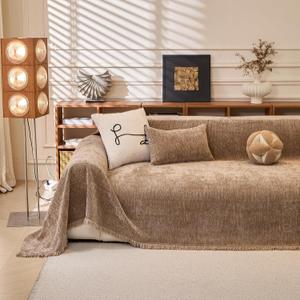 Brown Couch Covers for Sectional Sofa Non Slip Chenille Sofa Covers Washable for Dogs with Tassels, Wear Resistant Sofa Throw Blanket for Couches Loveseat Covers for Home Decor, 71''x118''