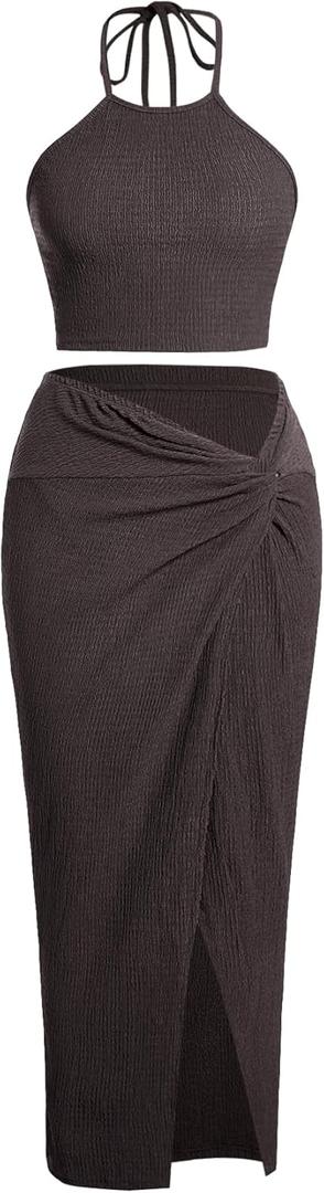 BEAUDRM Women's 2 Pieces Summer Sets Textured Halter Crop Top and Split Maxi Skirt Set Going Out Vacation Beach Outfits (Brown, M)