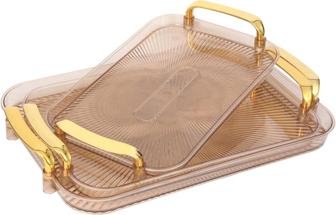 Set of 3 Serving Platters with Handles 16.5/15/13.2 Inch Reusable Large Serving Trays, Party Food Tray, Rectangular Dinner Plates for Cookie, Cake, Turkey, Cheese, Fruit, Snack(Amber) Set of 3 Serving Platters with Handles 16.5/15/13.2 Inch Reusable Large Serving Trays, Party Food Tray, Rectangular Dinner Plates for Cookie, Cake, Turkey, Cheese, Fruit, Snack(Amber)
