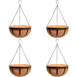LaLaGreen Outdoor Hanging Baskets for Plants (4 Pack, 10 Inch) Small and Cute Hanging Planters with Coco Liner, Metal Black Flat Iron Flower Pots for Deck Porch Patio Garden Balcony Outside Decoration