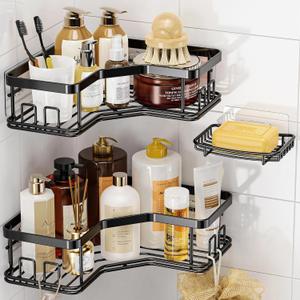 MAXIFFE 3 Pack Corner Shower Caddy with Soap Holder, Large Capacity Sturdy Easy Install No Drilling Stainless Steel Hold 40 LBS Shower Organizer Shelves Rack Storage for Family Renters Bathroom, Black