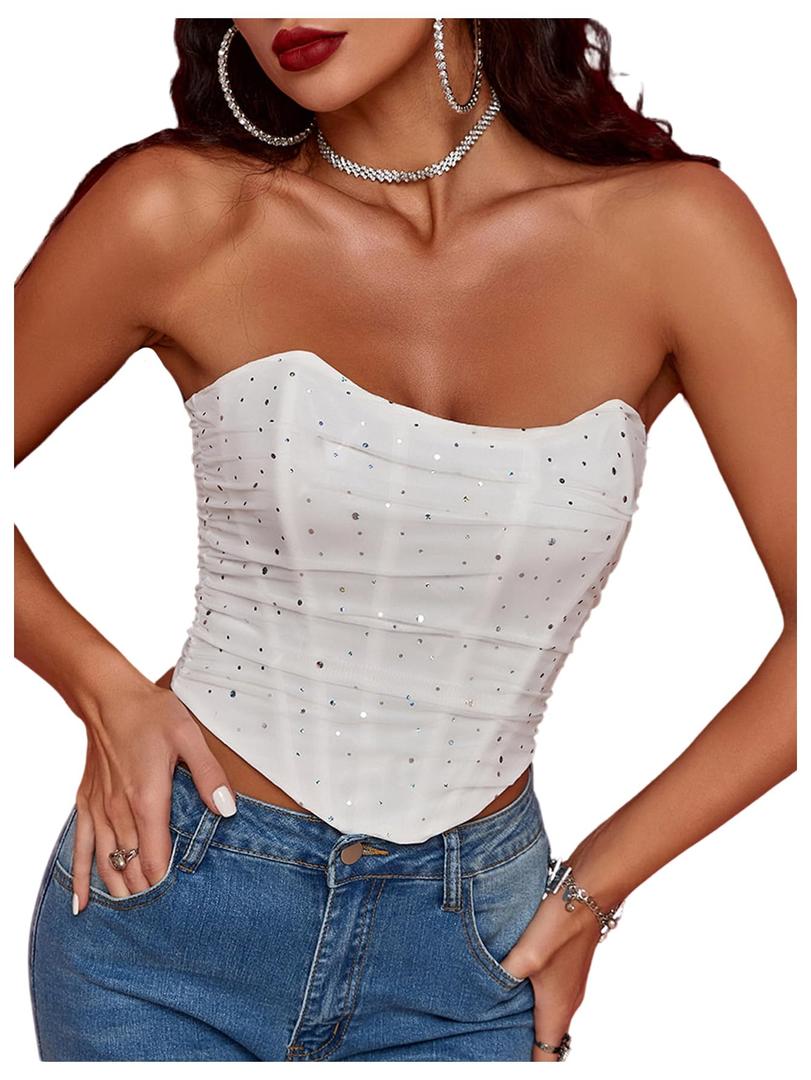 MakeMeChic Women's Sequin Strapless Corset Top Shapewear Sparkly Bustier Ruched Lace Up Party Crop Y2K Tops Burgundy, Large
