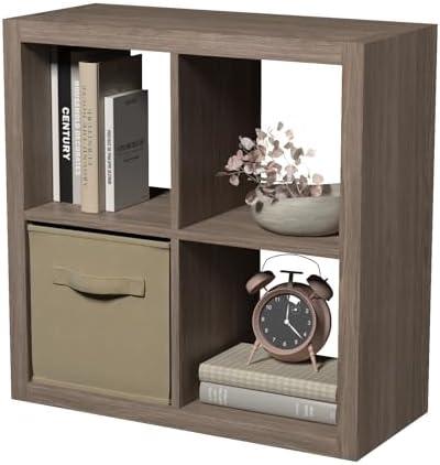 Bookshelf with Storage Bins, 4-Cube Storage Organizer Sturdy Wooden Bookcase Open Book Shelf, Multifunctional Cubicle Rack for Display, Furniture for Living Room Bedroom Office (Brown Walnut, 4-Cube)