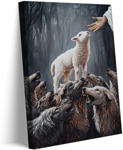 Jesus And Lamb Canvas Wall Art Jesus Saves The Lamb From Wolves Wall Decor Picture Christ Redemption The Lost Lamb Poster Print Painting for Living Room Bedroom Church Home Decoration Ready To Hang