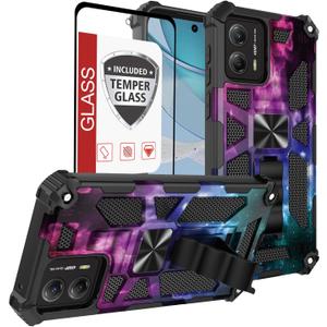 for Moto-G-5G-2024 Phone Case [Not Fit 2023,2022,2021] w/Tempered Glass Screen Protector(Full Coverage)[15FT Mil-Grade][Built-in Kickstand] Car Magnetic Protective Cover for Women Man Blue Star Galaxy