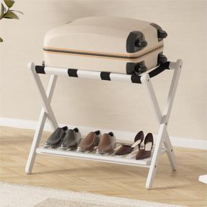 Forevich Luggage Rack Bamboo Folding Suitcase Stand with Storage Shelf for Guest Room Living Room Hotel Essentials Heavy-Duty Luggage Holder for Suitcases Bags Shoes , White