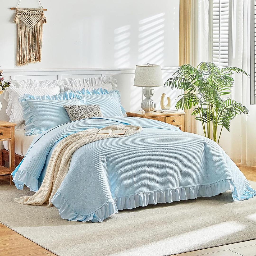 Blue Ruffle Quilt Set Full/Queen Size, 3 Pieces Shabby Chic Farmhouse Striped Bedspread Coverlet Set, Solid Lightweight Soft Microfiber Bed Cover for All Season (1 Ruffled Quilt + 2 Pillow Shams)