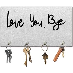 9" x 5" Gray Solid Wood Wall-Mounted Key Holder - Love You Bye - with 4 Metal Hooks for Easy Hanging, Suitable for farmhouses, Homes, bedrooms, Wall Decorations & Gifts (1 Pcs) - A04