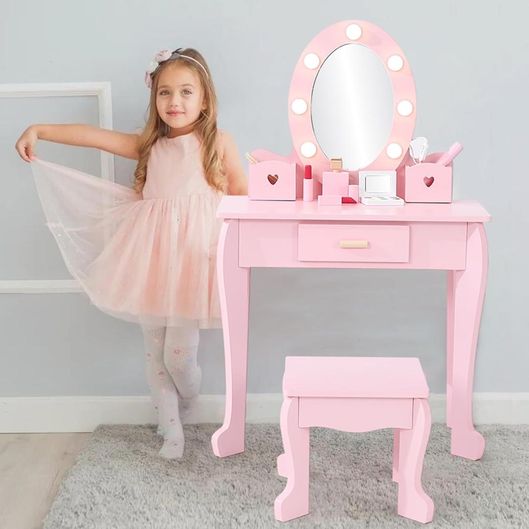 GarveeHome Kids Vanity with Lighted Mirror, Toddler Vanity Table and Chair Set, Girls Makeup Playset, Pink