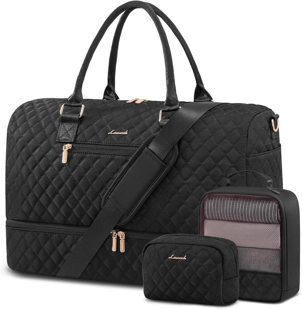 LOVEVOOK Travel Duffle Bag for Women, Weekender Overnight Bag with Shoe Compartment, Carry on Bag with Toiletry Bag, Gym Duffel Bag with Wet Pocket, Hospital Bags for Labor and Delivery 3 Pcs Set (Large, Black)