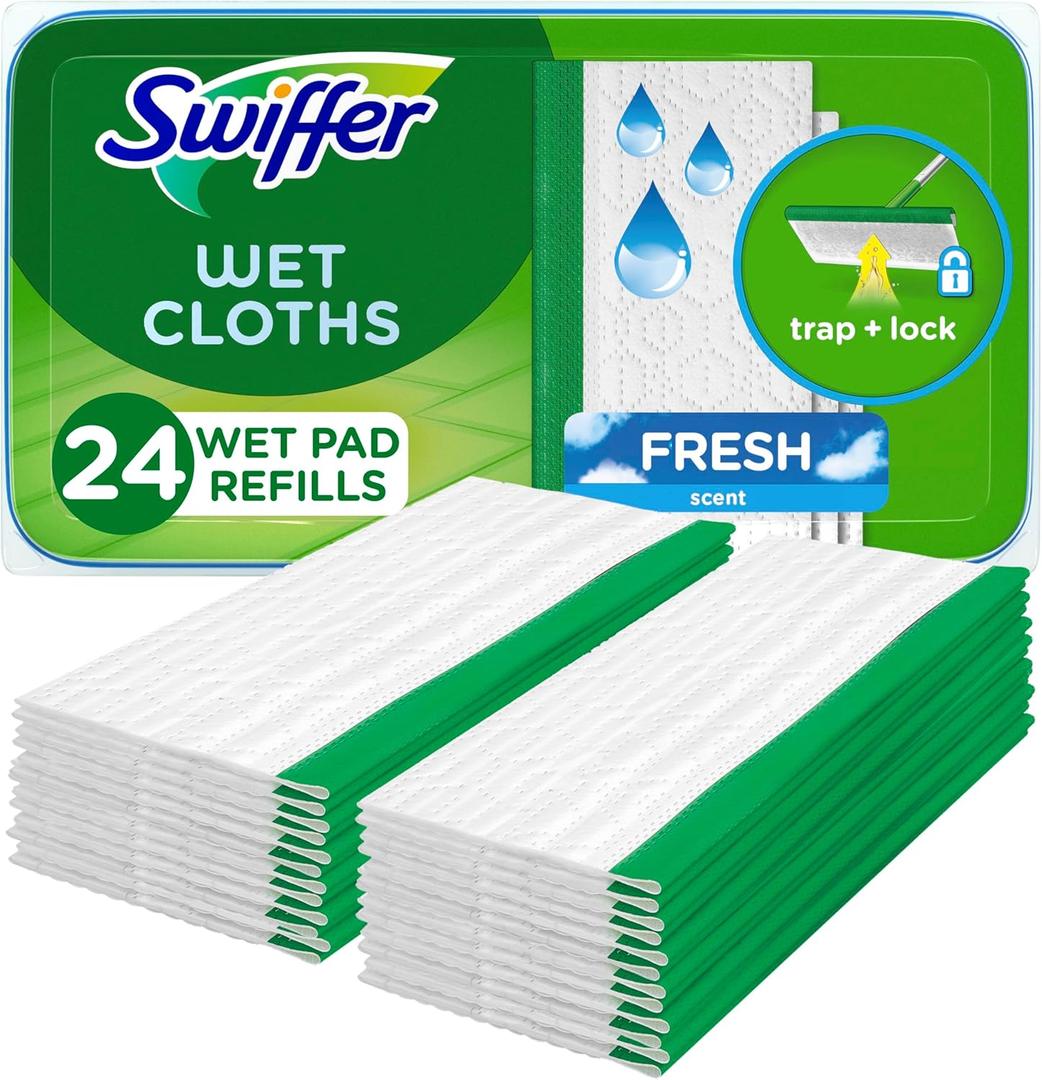 Swiffer Sweep + Mop, Wet Pads Refill, Floor Cleaner for Dirt, Dust, Hair, Cleaning Cloths for Mopping Home, Bathroom, Kitchen, All Purpose Multi-Surface Floor Wipes, Fresh, 24ct (24 Count (Pack of 1))