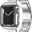 Compatible with Apple Watch Band and Case, Stainless Steel Metal Chain with Soft TPU Cover, Smart-Watch Link Bracelet Strap, Wrist-Band for i-Watch Series 9 8 7 6 5 4 3 2 1 SE, 45mm 44mm 42mm, Silver