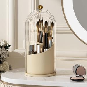Makeup Brush Holder with Lid 360 Rotating Clear Dustproof Make Up Organizers for Vanity Bathroom Countertop, White Beige
