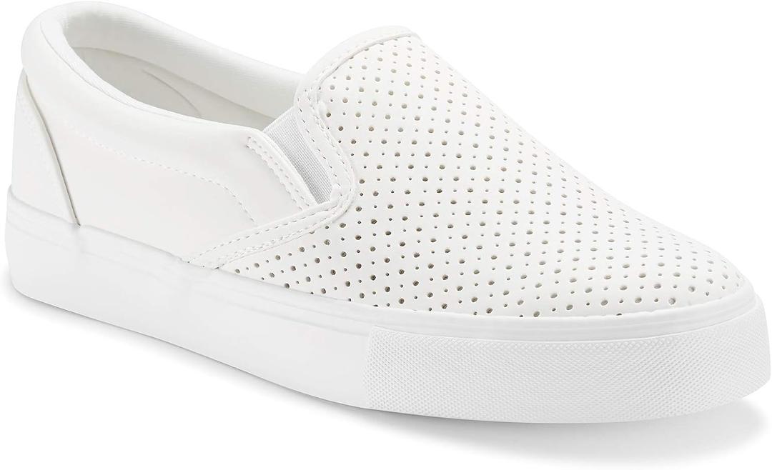 JENN ARDOR Womens Slip On Sneakers Perforated/Quilted Casual Shoes Fashion Walking Flats (6, White06)