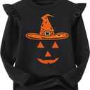 Niyage Girls Cotton Long Sleeve T-Shirt Toddler Comfort Soft Thick Basic Crewneck Tee Tops with Ruffles Trim (6 Years, Pumpkin Hat Black)