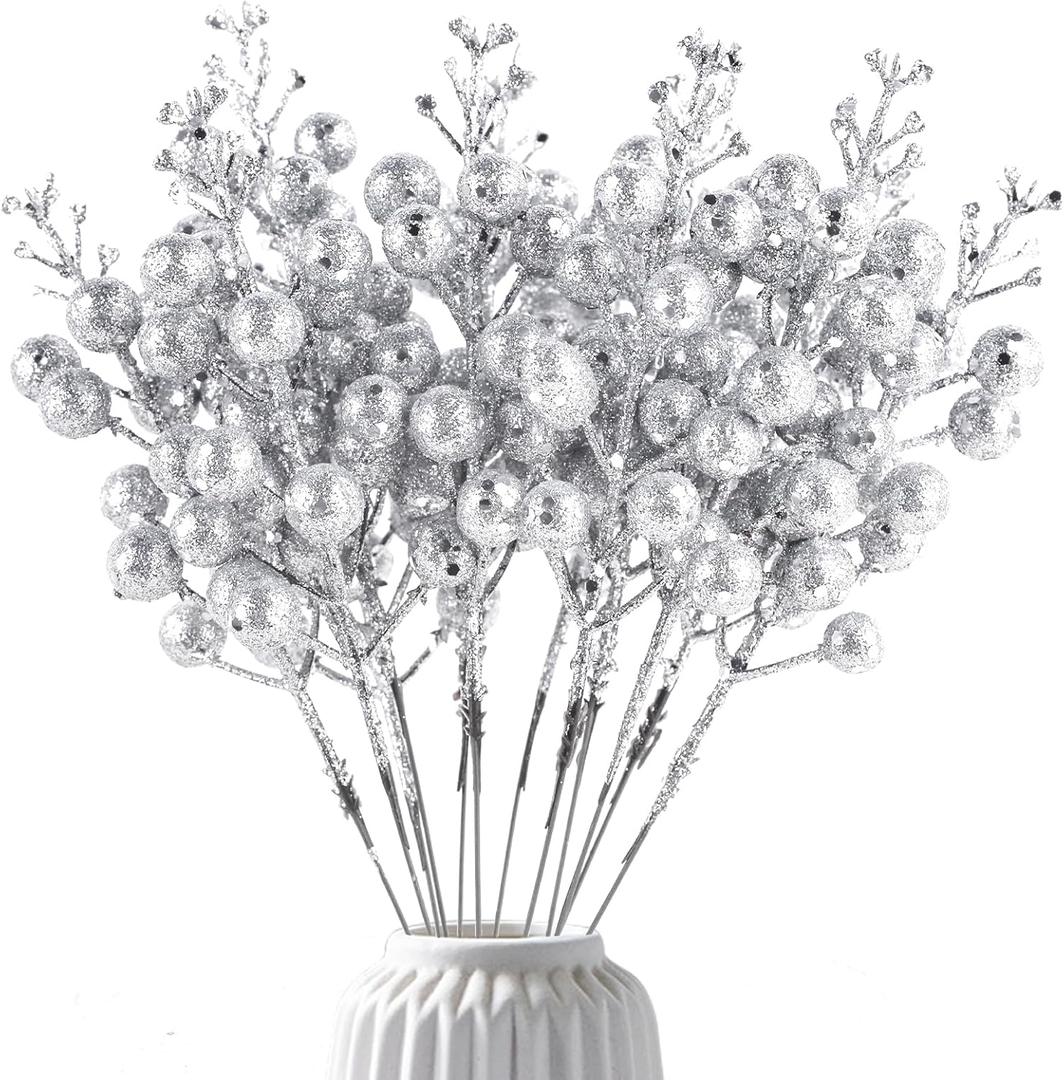 14Pcs Christmas Glitter Berries Stems Silver Christmas Tree Picks Stems 7.8 Inch Artificial Picks Fake Holly Winter Berry Branches for Christmas Tree Ornament DIY Crafts Wreath Holiday and Home Decor