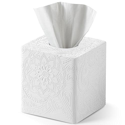 Square Tissue Box Cover Decorative,Napkin Dispenser,Facial Paper Holder for Bathroom Vanity Countertop,Bedroom Dresser,Night Stand, Desk, Office and End Table,Boho Flowers White
