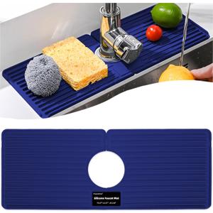 Faucet Mat for Kitchen Sink, Silicone Faucet Handle Drip Catcher Tray, Drying Mat as Sponge and Soap Holder with Lateral Inflow for Kitchen Bathroom Farmhouse & RV Sink Accessories (Blue) (5.5" x 14.5")