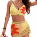 Blooming Jelly Womens Bikini Sets 3 Piece Swimsuits High Waisted Bathing Suit with Sheer Cover Up Swim Skirts, Yellow Orange (L)