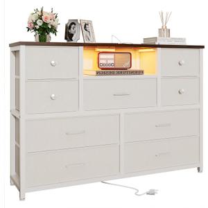 Dresser for Bedroom with 9 Drawers, White Storage Organizer TV Stand for 55" TV with LED Lights and Sockets, Fabric Chest of Drawers with PU Finish for Kid Room, Entryway, Living Room, Hallway