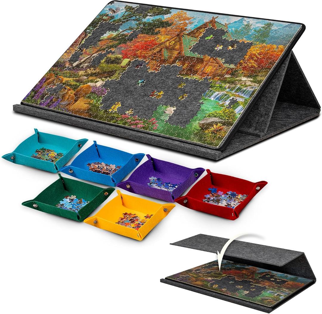 LAVIEVERT 1000 Pieces Jigsaw Puzzle Board with 2-in-1 Stand & Cover
Lightweight Jigsaw Game Boards with 6 Colored Sorting Trays, Tilting Felt Puzzle Stand with Angle Adjustments