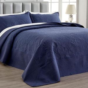 Qucover Alaska King Bedspread 132x 120, Oversized King Bedspread Extra Wide, 3 Piece Soft Microfiber Lightweight Oversized King Quilts Bedding Set, Quilting Paisley Pattern, with Pillow Shams, Navy