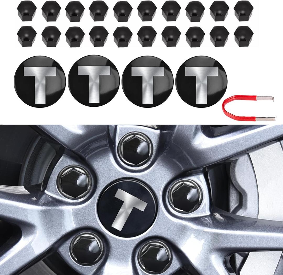 Compatible with TES la Model 3 Model Y/S X Set Wheel Center Hub Cap Kit, Center Logo Emblem Modification Hub Cover Hub Nut Cap Lug Nut Cover（Sliver &Black）