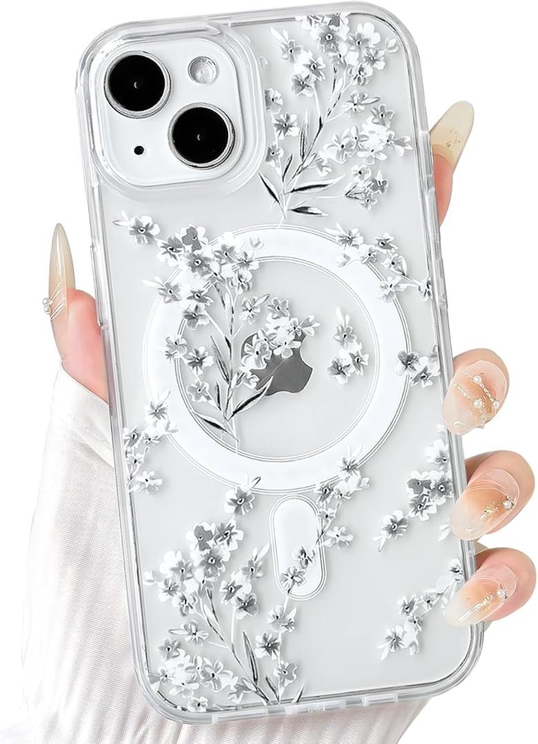 NITITOP Compatible with iPhone 14 Plus / 15 Plus Case Clear Magnetic Compatible with MagSafe Cute Flowers Floral Leaves for Women Girls Hard PC Back Shockproof Protective Cover - White