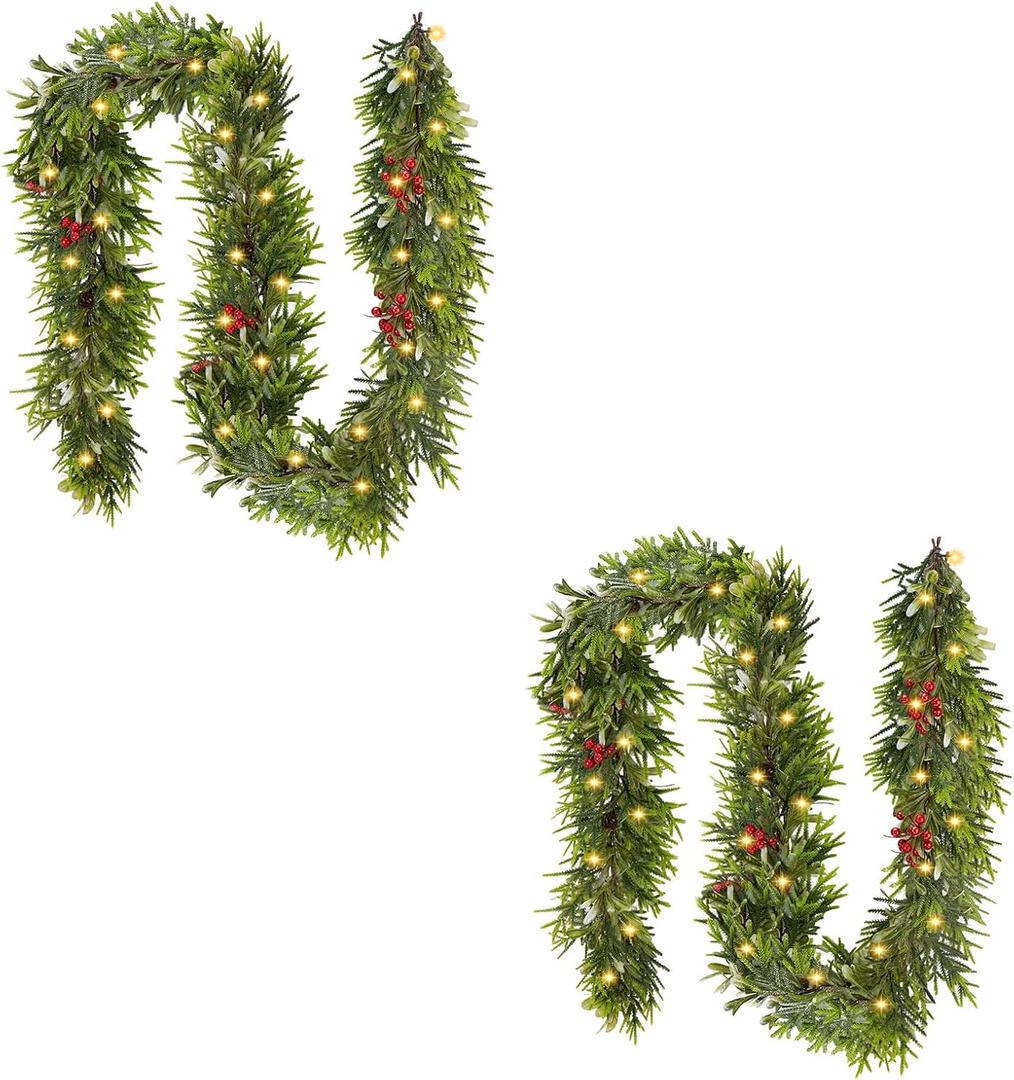2PCS 6FT Christmas Decor Artificial Norfolk Pine Garland,Realistic Artificial Garland Greenery for Fireplace Table, Mantle Wall, Indoor Outdoor Winter Holiday Decorations(2, 6FT)