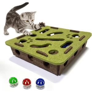 Interactive Soft Felt Cat Puzzle Toy with Ball and Bellcat Nail File Enrichment BoxCat Toy Box for Indoor Cats and KittensIndoor Hunting Play Toy (Green)